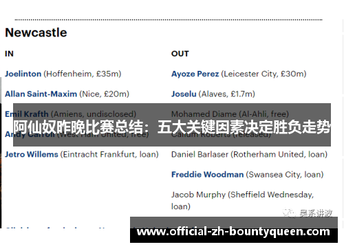 阿仙奴昨晚比赛总结：五大关键因素决定胜负走势