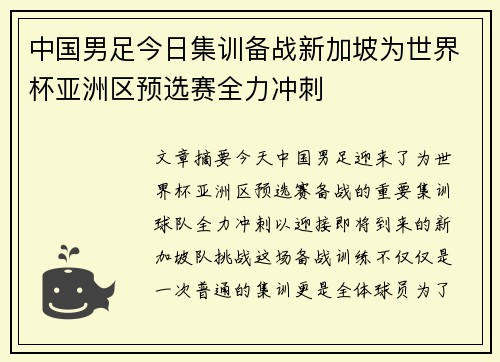 中国男足今日集训备战新加坡为世界杯亚洲区预选赛全力冲刺